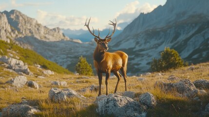 Obraz premium Majestic Deer Standing Proudly in Breathtaking Mountain Landscape