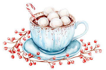 A cozy cup of hot chocolate topped with marshmallows and a candy cane, set on a plate with decorative berries.