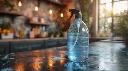 A white plastic bottle of disinfectant cleaner placed at the center of a neat office desk.