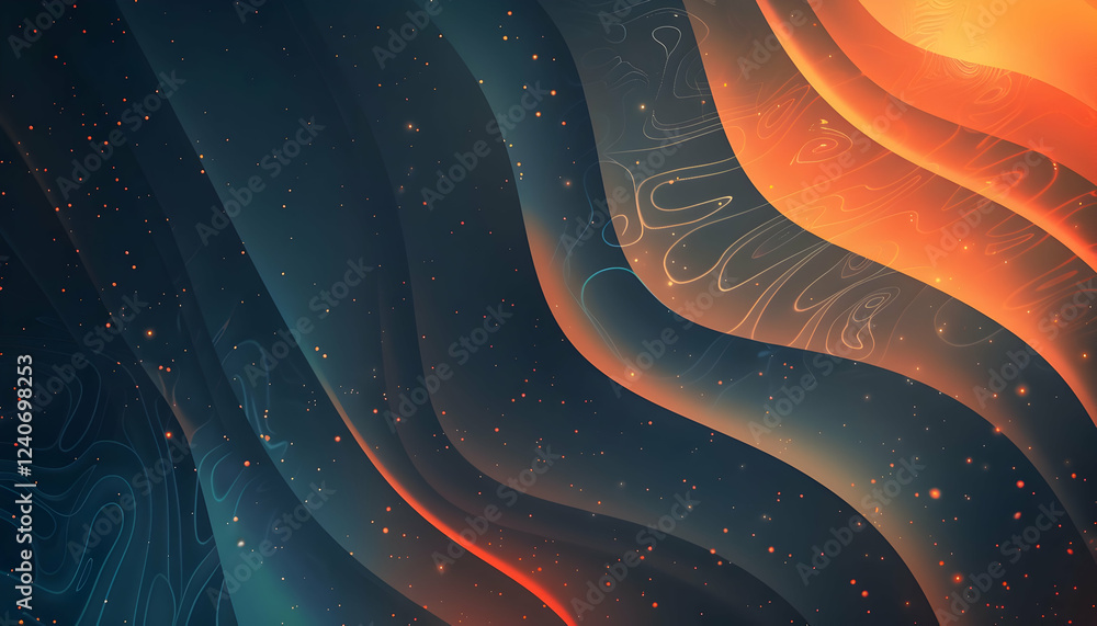 Poster abstract waves of orange and blue flowing together, creating a vibrant digital backdrop with depth