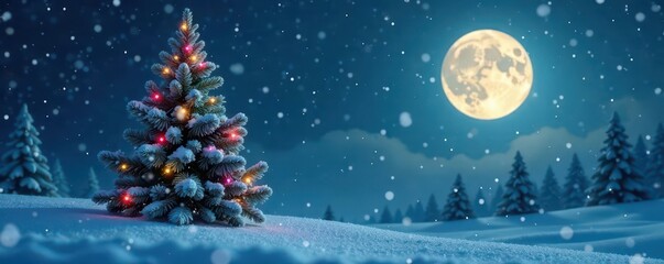 Fototapeta premium Snowflakes gently fall on a lone Christmas tree, full moon, frost