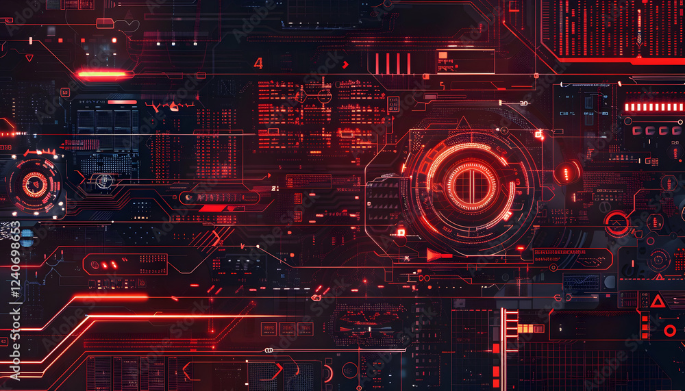 Poster futuristic digital interface with glowing red elements and intricate circuitry, showcasing technolog