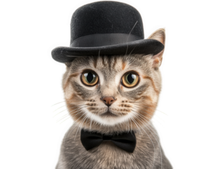 cat wearing tiny bowler hat and bow tie, exuding gentlemanly charm. This adorable feline showcases unique style that brings smile to anyone face