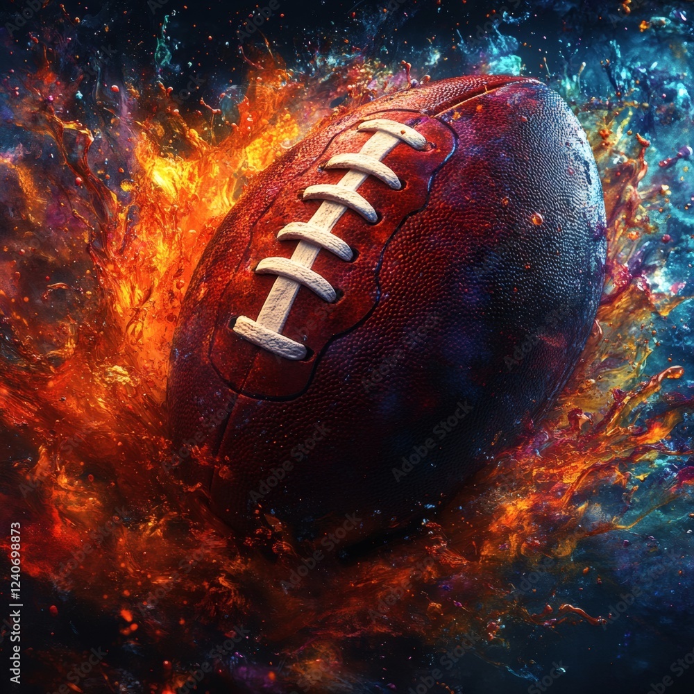 Poster highresolution 3d image of a football surrounded by swirling multicolored liquid paint splashes with