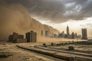 Obraz premium Massive dust storm approaching city. Extreme weather disaster 