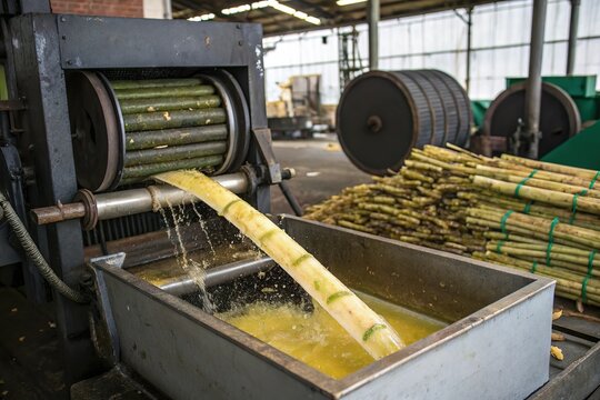 pressing machine squeeze and extract juice from sugarcane in processing plant