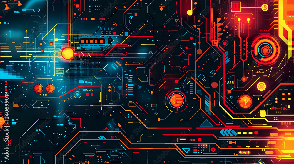 Aufkleber abstract digital circuit board design with vibrant colors and intricate patterns