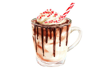 A delicious glass of ice cream topped with whipped cream, chocolate drizzle, and festive sprinkles, served with a striped straw.