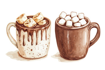 Two mugs of hot chocolate, one topped with melted chocolate and marshmallows, the other filled with fluffy white marshmallows.