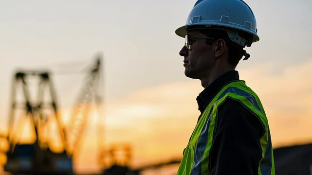 Silhouette of a mining manager overseeing logistics operations, sunset