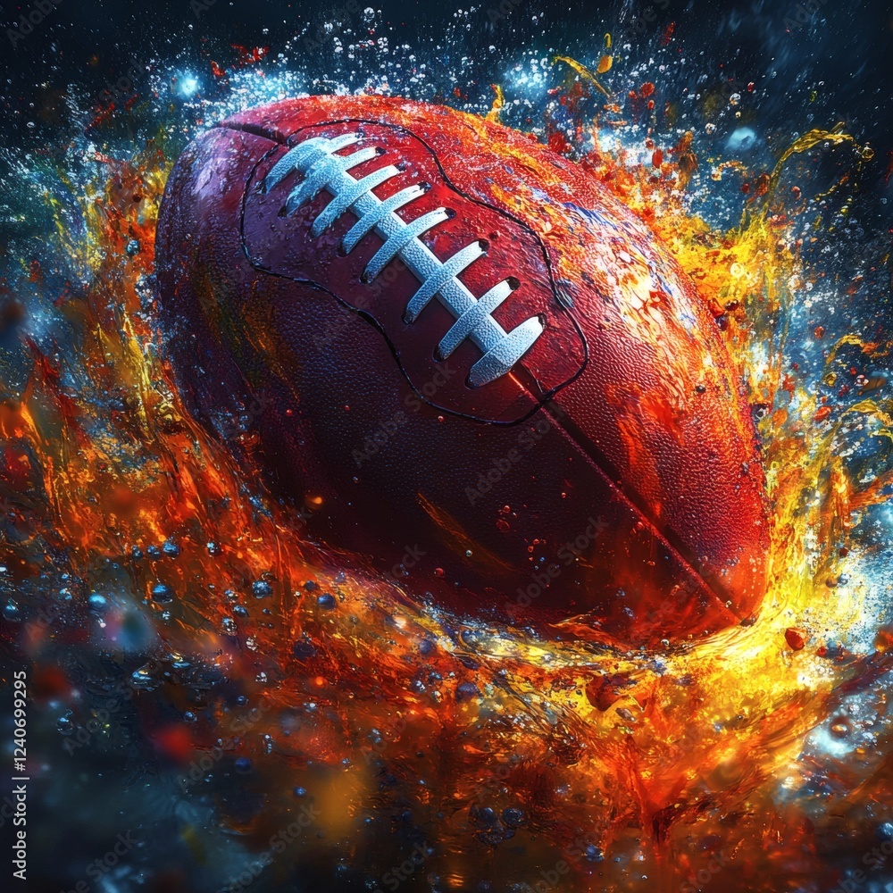 Poster highresolution 3d image of a football surrounded by swirling multicolored liquid paint splashes with
