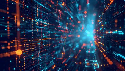 Obraz premium Abstract digital data flow with vibrant blue and orange lights creating a dynamic motion effect