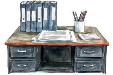 A wooden desk featuring several files, paperwork, and stationery items organized neatly.