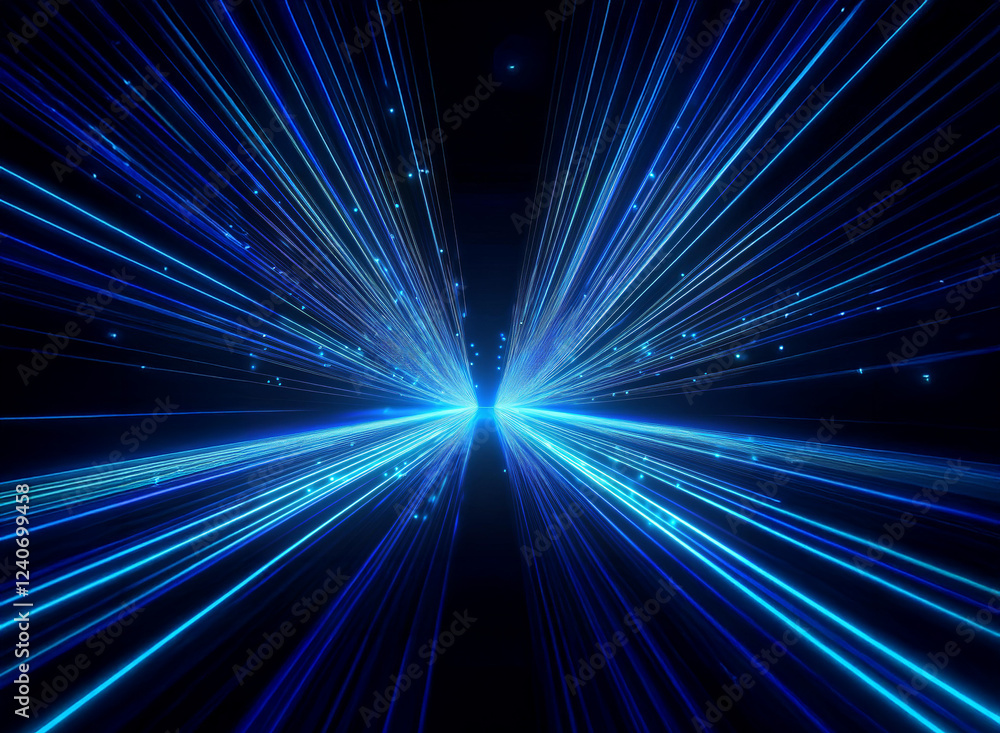 Poster abstract image depicting vibrant blue light streaks converging at a central point, radiating outward