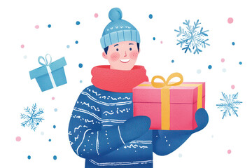 A cheerful person wearing a winter sweater and hat holds a brightly wrapped gift, surrounded by festive decorations.