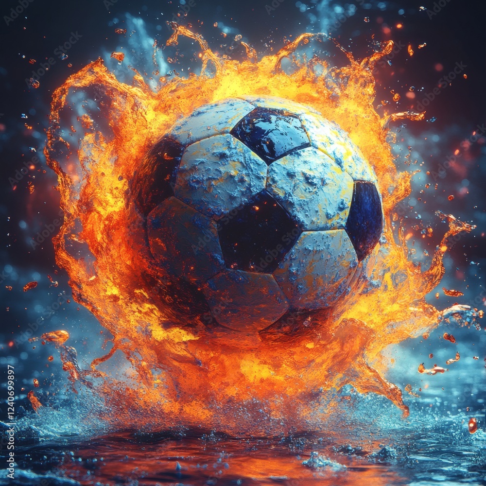 Poster highresolution 3d image of a football surrounded by swirling multicolored liquid paint splashes with