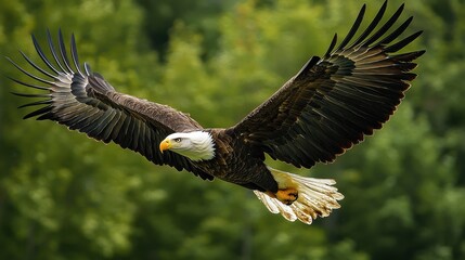Fototapeta premium A majestic bald eagle soars gracefully above a lush green landscape, showcasing its powerful wings and striking plumage.