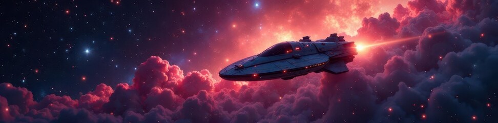 Spaceship pierces glittering, crowded star clouds,  cosmic,  night sky