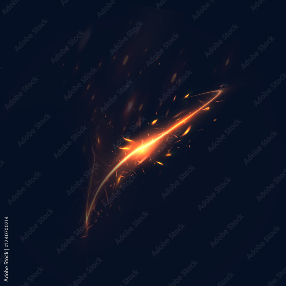 Poster Abstract golden light lines and particles on black background. Dynamic curves and glow create energy and magic effects. Vector