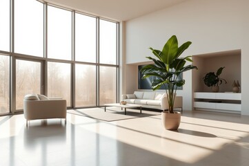 Modern minimalist living room interior design with large windows and natural light