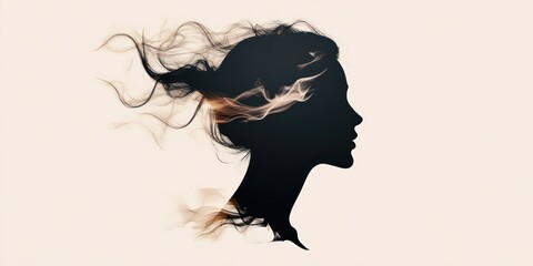 A graceful silhouette of a girl stands out with flowing hair, embodying the strength and beauty of femininity. This minimalist artwork celebrates women&rsquo;s unique identities