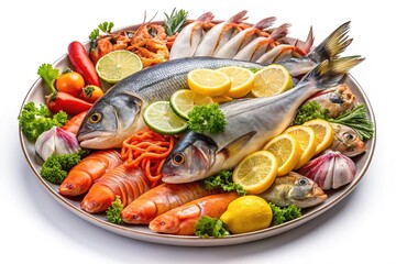 Assorted Fresh Seafood and Fish Platter with Citrus Garnish on Transparent Background