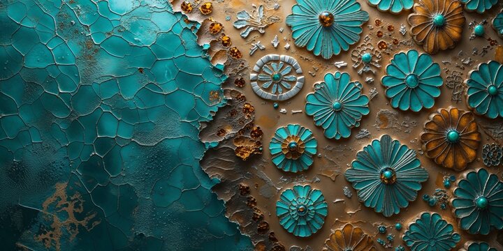 Abstract Turquoise Floral Pattern Relief Sculpture with Cracked Earth Texture Artistic Background