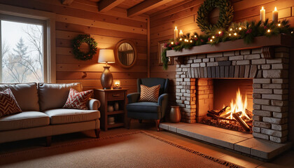 The Wheel of the Year. Cozy wooden cabin with Yule log fire and festive decor, winter warmth