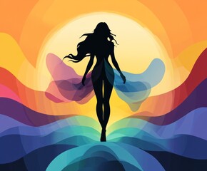 A graceful girl&rsquo;s silhouette stands tall, enveloped by vibrant waves of color. The background features a stunning sunset, symbolizing empowerment and femininity