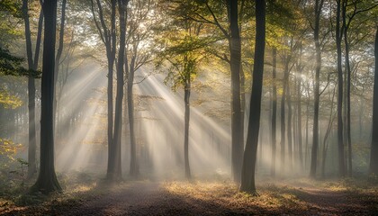 Obraz premium A misty forest in the early morning with sunlight filtering through the trees