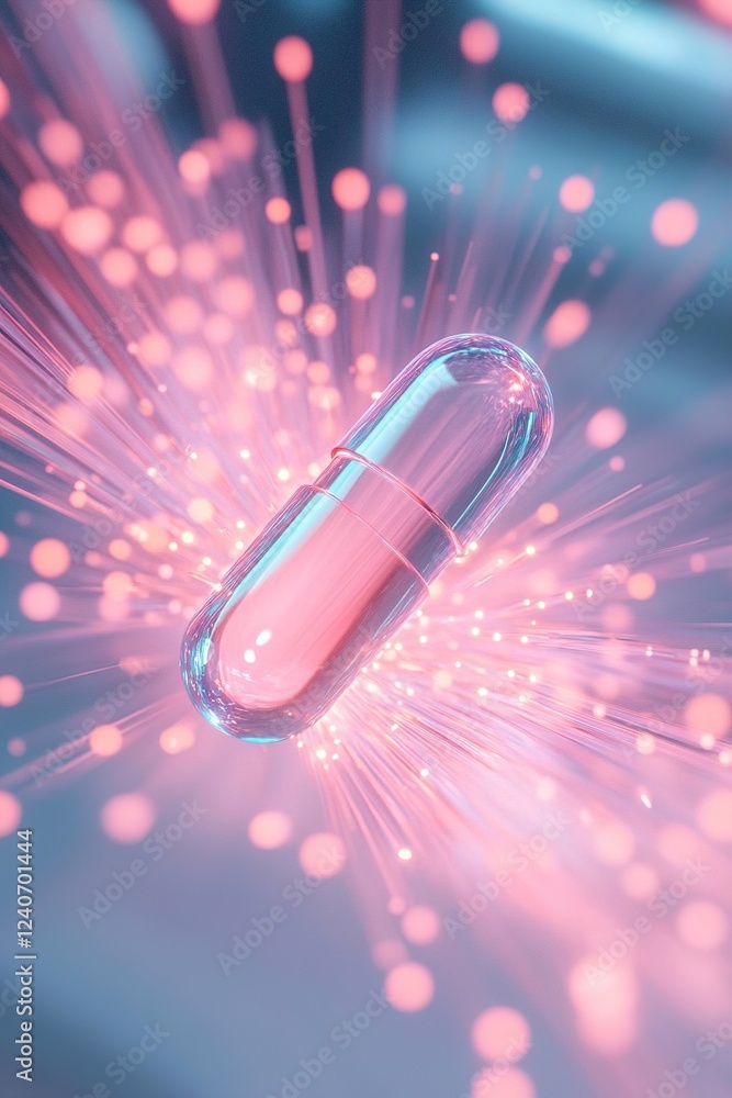 Poster a central pill radiates neon energy lines and glowing particles, creating an abstract and dynamic vi
