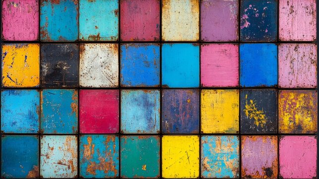 A vibrant array of rusty metal panels in various hues, arranged in a grid, suggests weathered industrial containers or a repurposed material aesthetic.