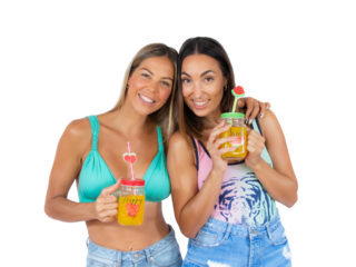 Two happy friends in swimsuit drinking an orange juice standing isolated over transparent background. PNG transparent.