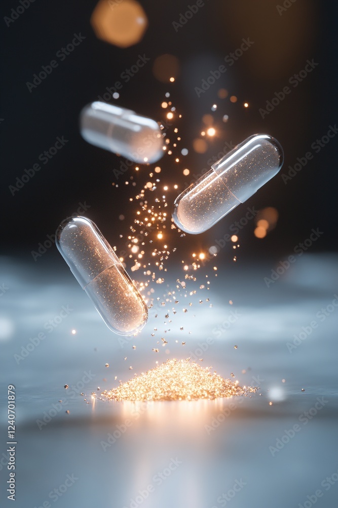 Aufkleber in this captivating moment, a pill shatters mid-air, releasing a dazzling array of sparkling particl