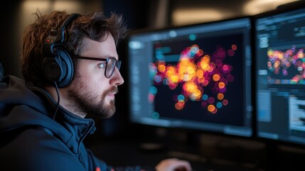 A focused individual wearing headphones works on dual monitors displaying vibrant data visualizations in a dimly lit environment.