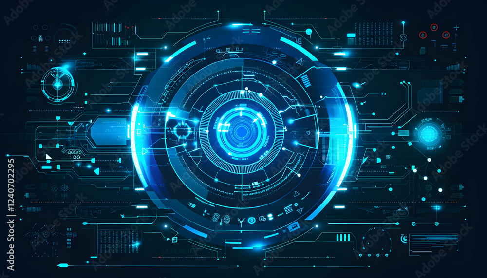 Poster futuristic digital interface with glowing blue elements and intricate circuitry design