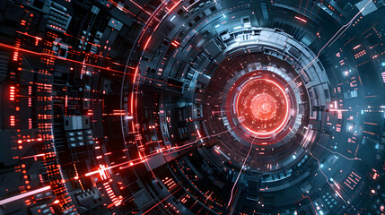 Fototapeta premium Abstract futuristic digital tunnel with glowing red and blue elements, conveying technology and innovation