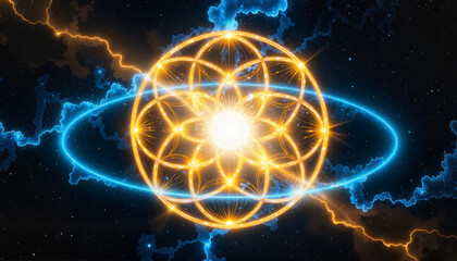 Luminous Flower of Life symbol radiating energy in deep space, cosmic harmony