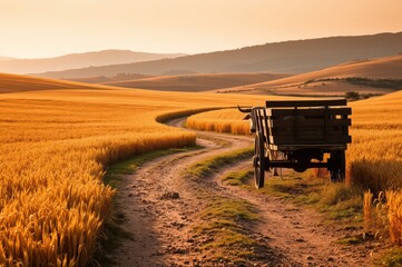 Fototapeta premium Ox Cart on Dirt Road in Golden Wheat Field at Sunset