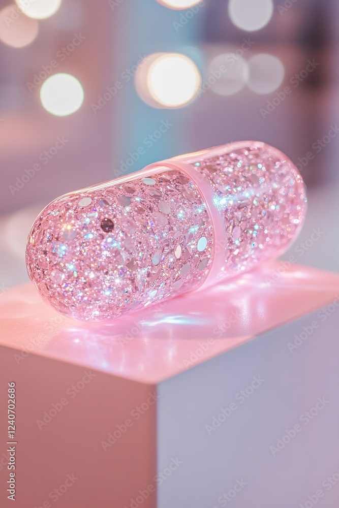 Poster under soft ambient lighting, a pill designed with distinctive diamond patterns glimmers, showcasing 