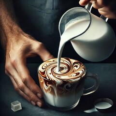  person pouring steamed milk into a cup containing coffee
