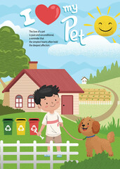 Vector illustration of little boy with his dog in outdoor