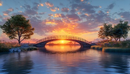 Naklejka premium A panoramic view of a bridge over a calm river with a glowing sunset behind
