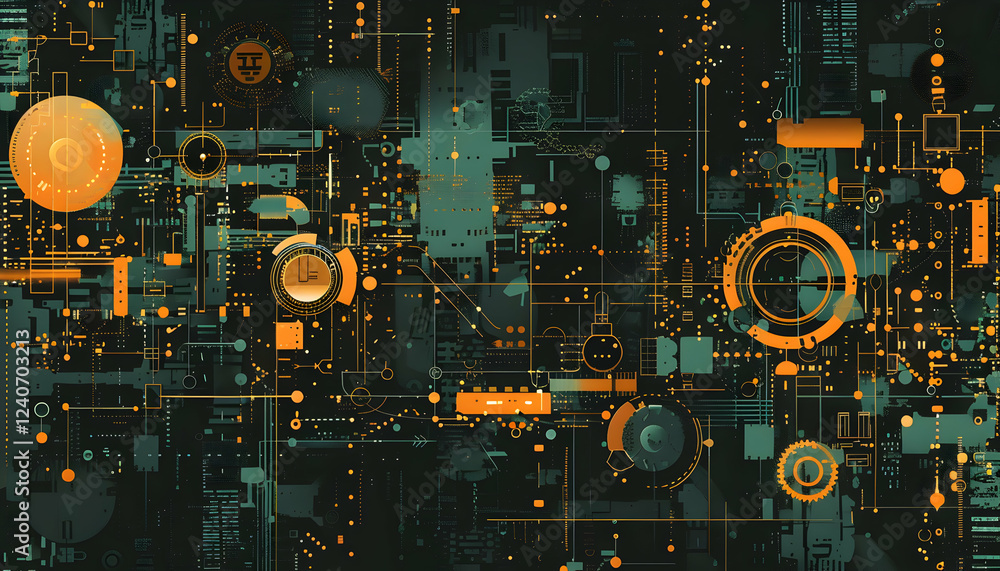 Poster abstract digital technology background featuring interconnected circuits and glowing elements