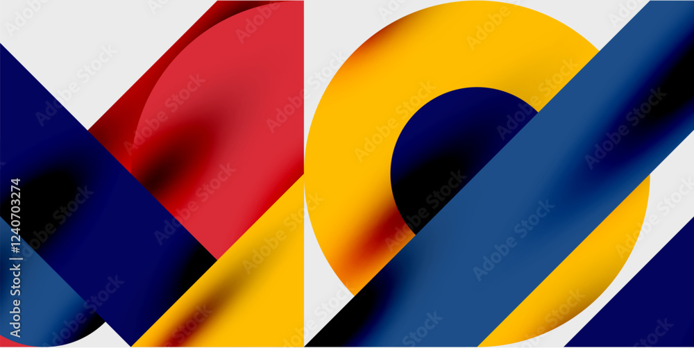 Poster modern abstract background featuring circles, lines, and triangles in a dynamic geometric compositio