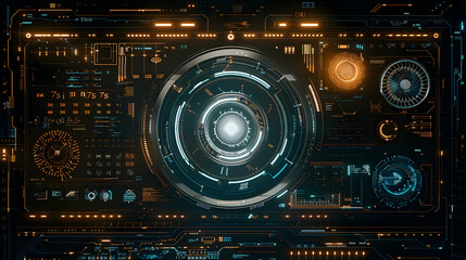 Obraz premium Futuristic digital control panel displaying intricate data visualization and glowing elements