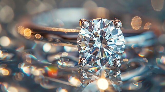 Exquisite close-up of a sparkling diamond engagement ring reflecting light on a shiny surface with blurred background.