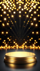 product display background podium, Background black podium stage gold award glitter light platform product golden pedestal, golden confetti celebration, anniversary concept, ad, podium platform