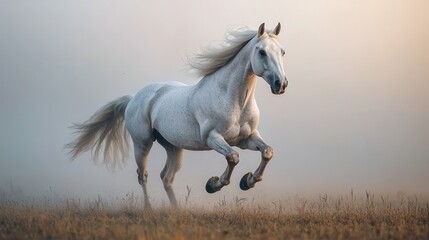 Fototapeta premium A majestic white horse gallops through a misty landscape, exuding grace and freedom as the soft light envelops the serene scene.