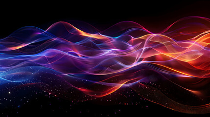 Vibrant abstract waves of light and color flowing across a dark background, creating a dynamic visual effect